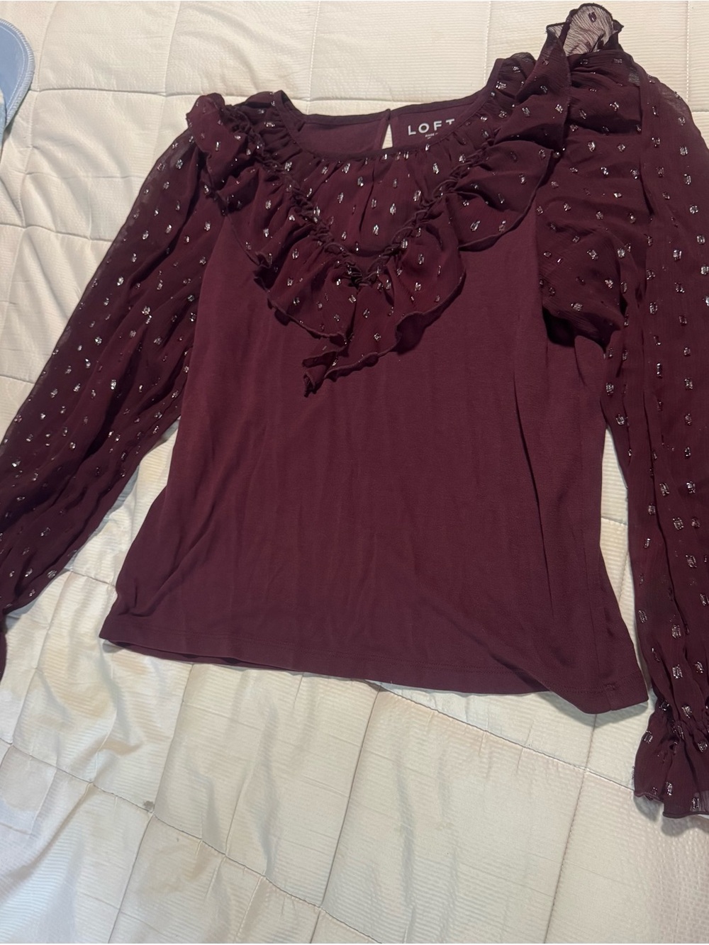 LOFT Burgundy Ruffle-Neck Long Sleeve Blouse